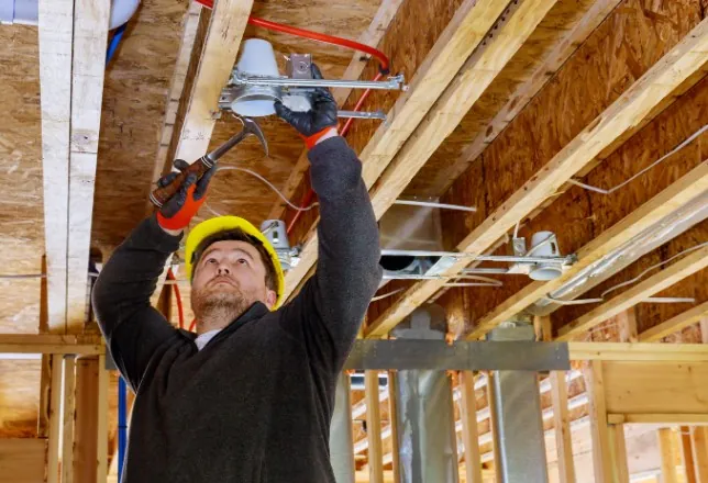 Instalación eléctrica Electricista con casco tendiendo el cableado del techo en una obra nueva